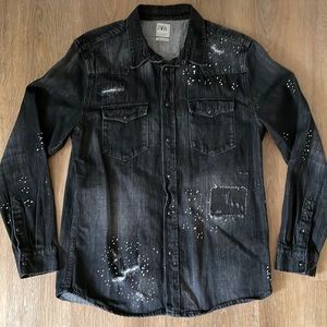 Zara Snap Button Denim Distressed Relaxed Fit Shirt - Black / Large